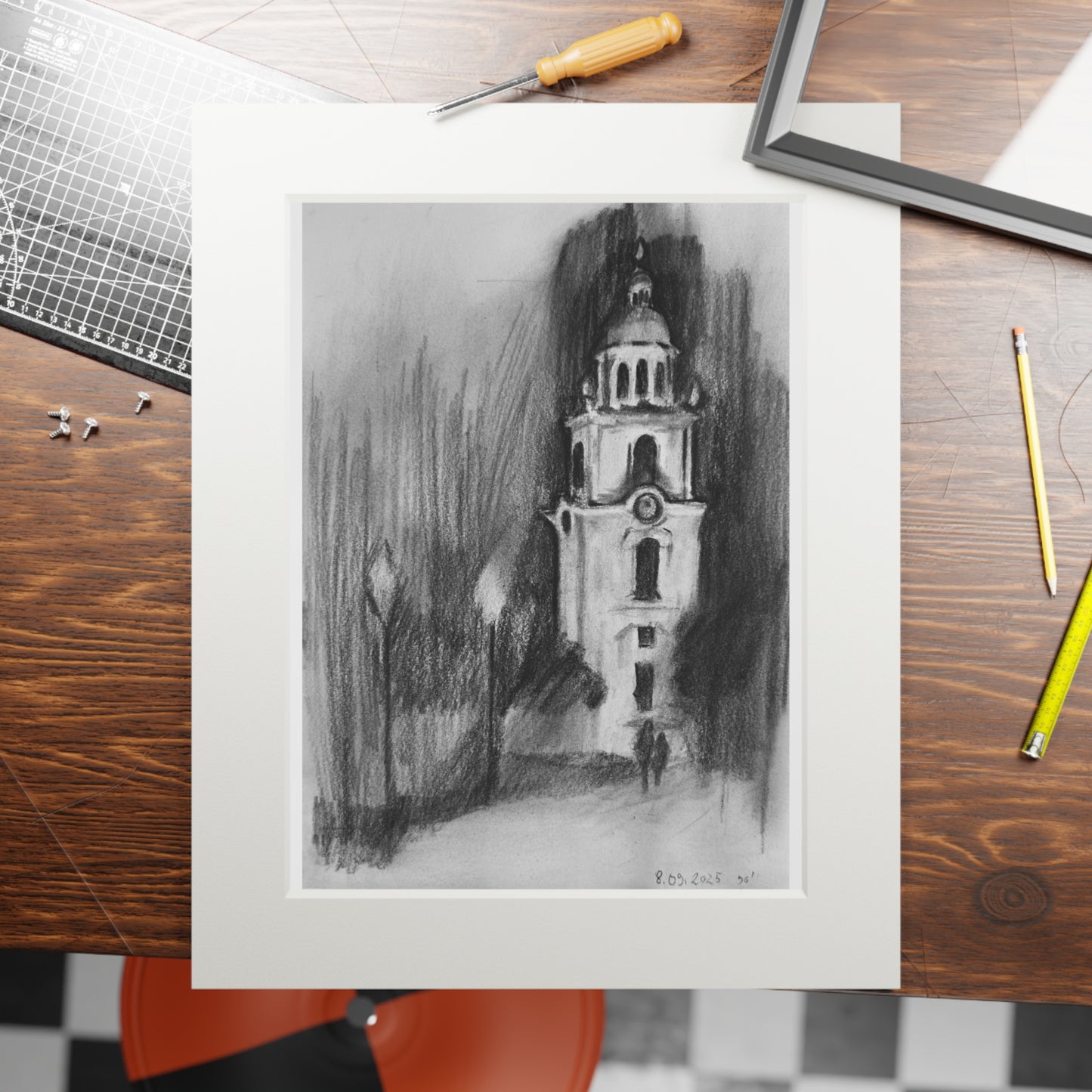 Church Tower Charcoal Drawing - Framed Fine Art Print