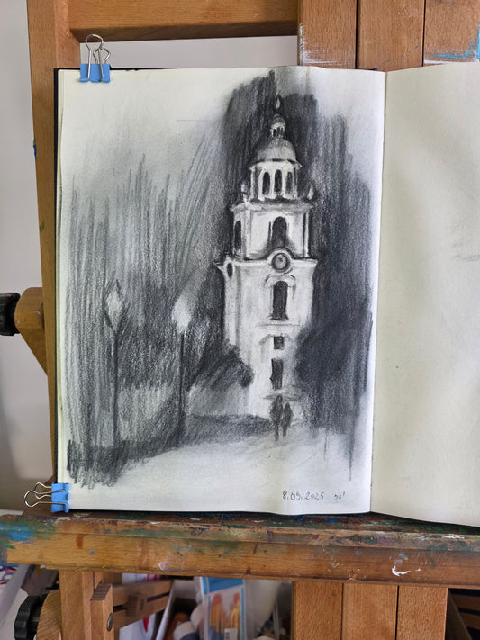 Church tower charcoal drawing - A4 (21x29.7cm)