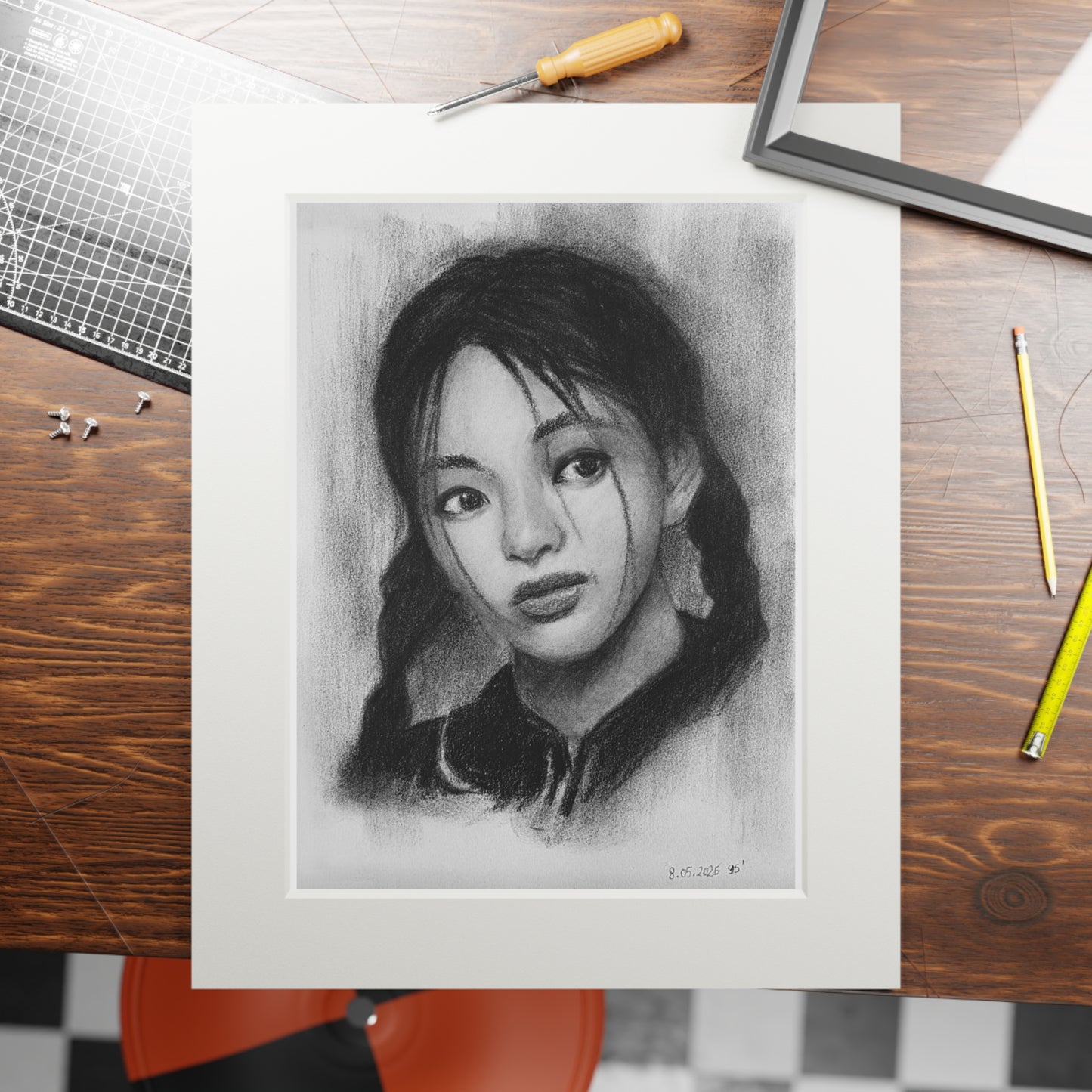 New Jeans Hyein Charcoal Portrait - Framed Fine Art Print