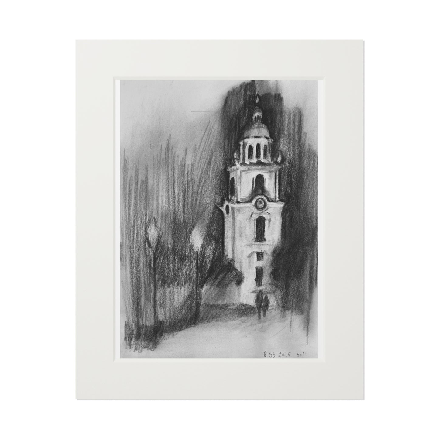 Church tower charcoal drawing - A4 (21x29.7cm)