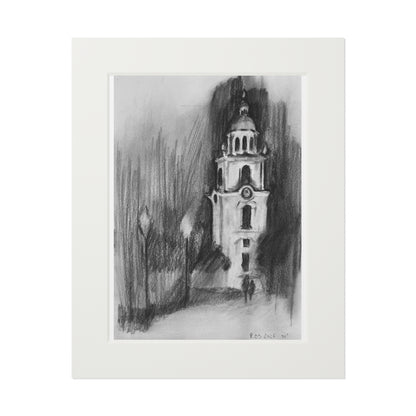 Church tower charcoal drawing - A4 (21x29.7cm)