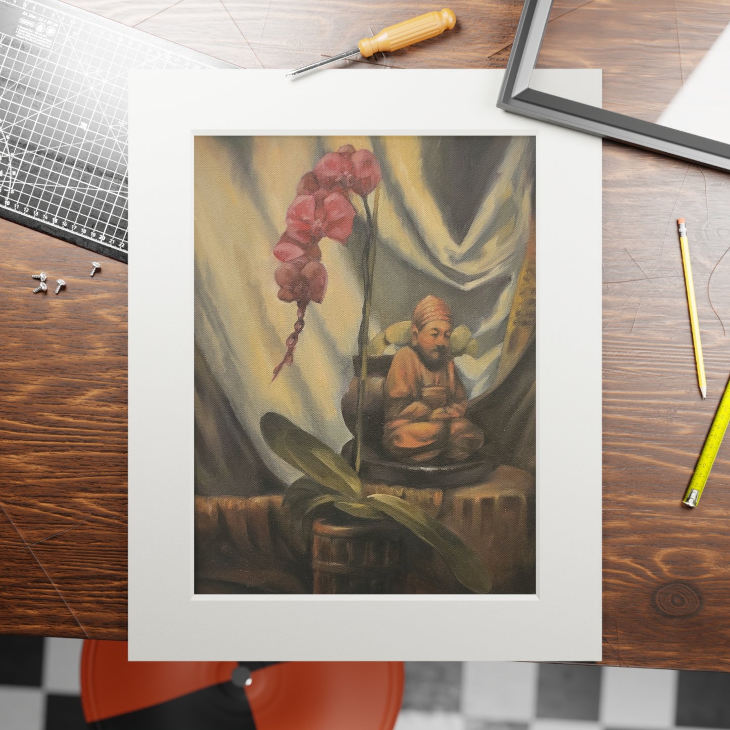 Orchid and little Buddha statue -  Framed Fine Art Print