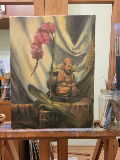 Orchid and little Buddha statue - oil on canvas board, 30x40 cm