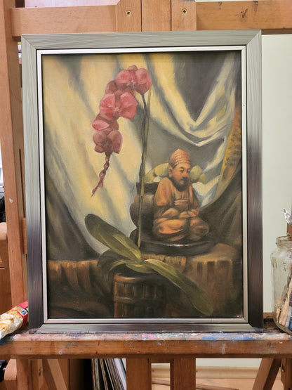Orchid and little Buddha statue - oil on canvas board, 30x40 cm