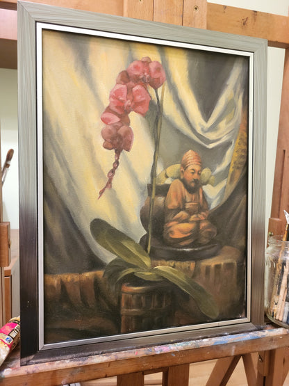 Orchid and little Buddha statue - oil on canvas board, 30x40 cm