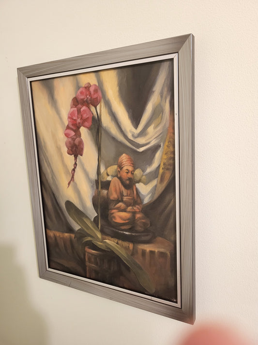 Orchid and little Buddha statue - oil on canvas board, 30x40 cm