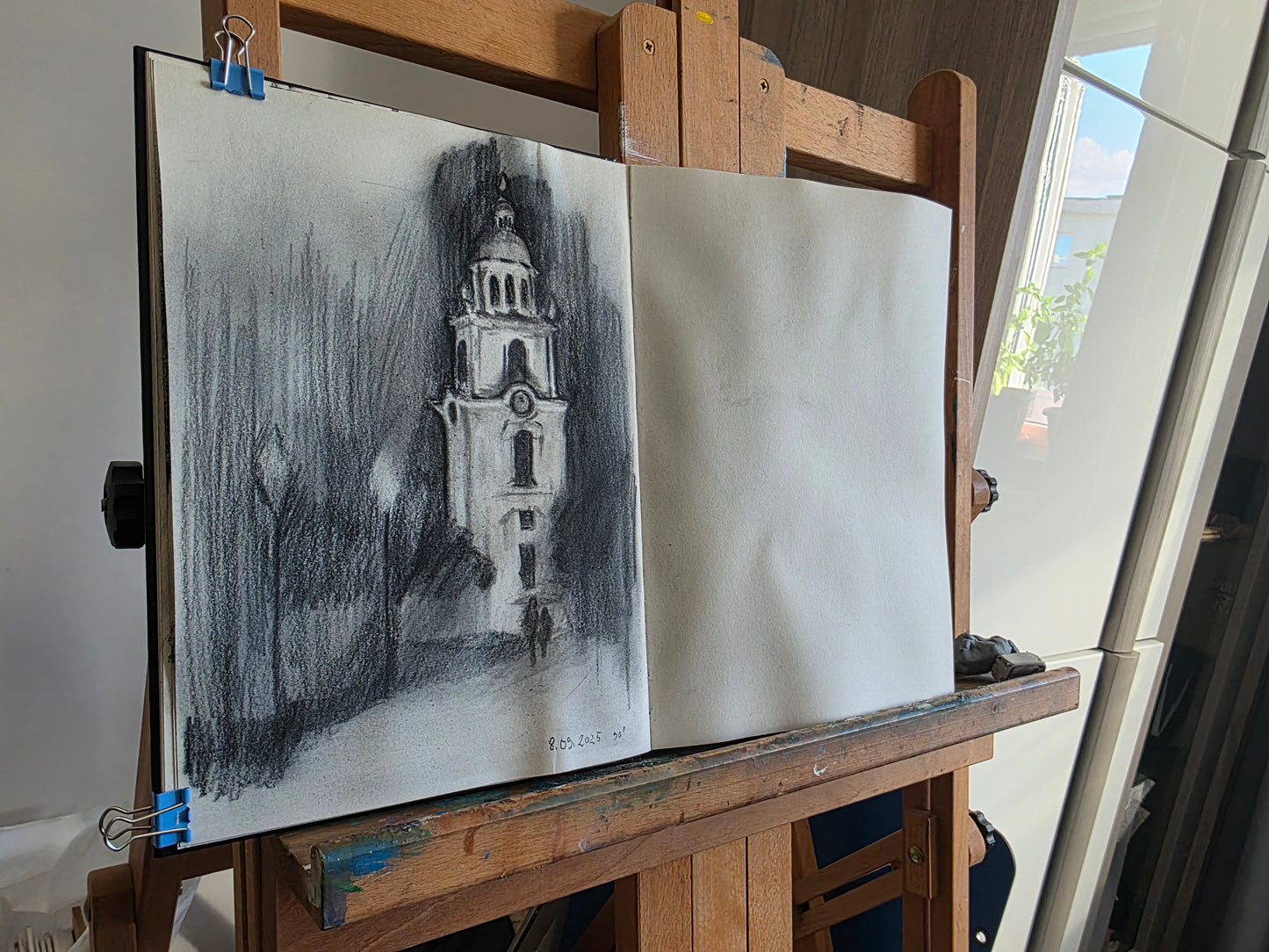 Church tower charcoal drawing - A4 (21x29.7cm)