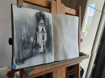 Church tower charcoal drawing - A4 (21x29.7cm)