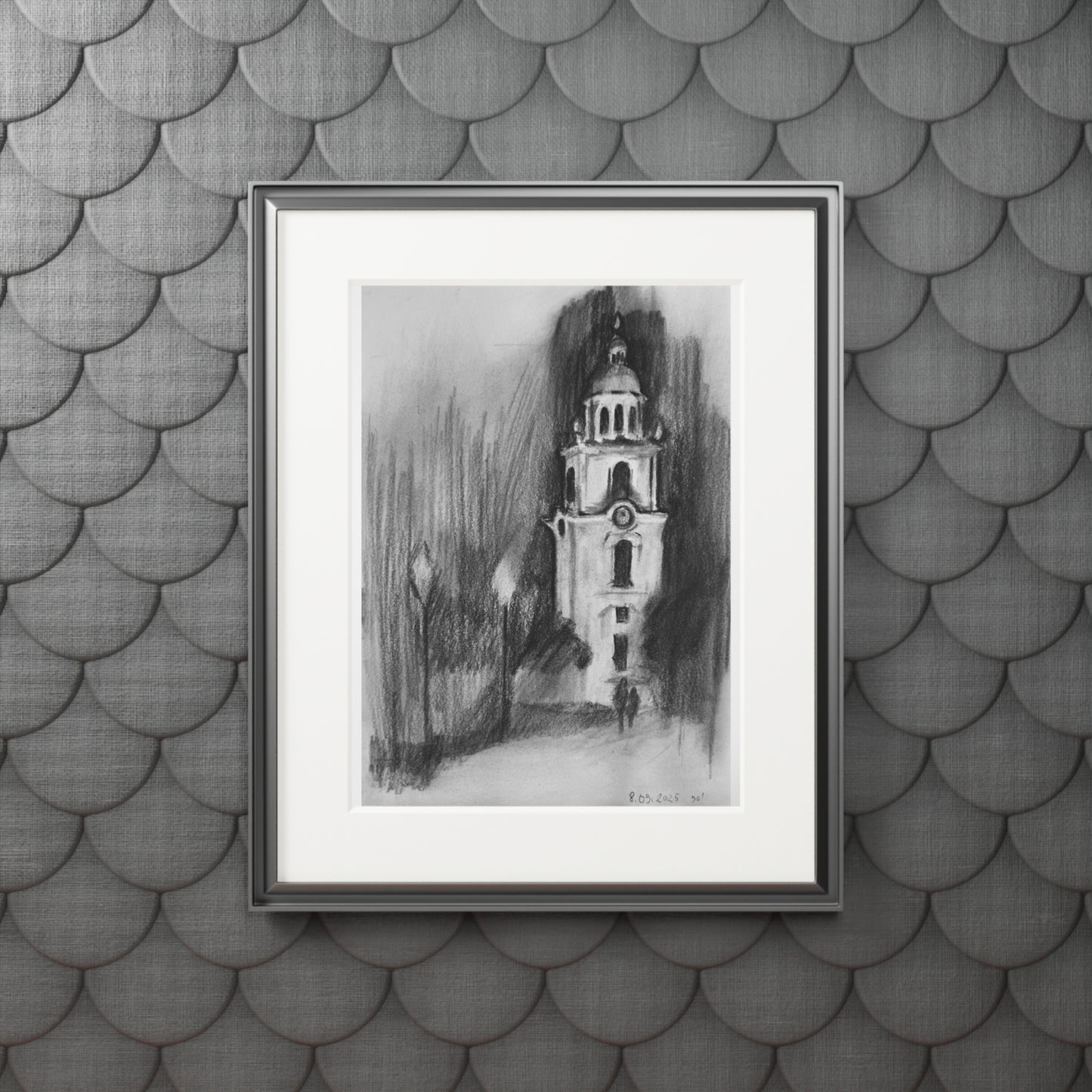 Church Tower Charcoal Drawing -  Framed Fine Art Print