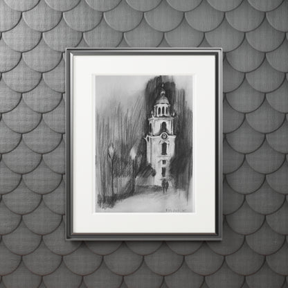 Church Tower Charcoal Drawing -  Framed Fine Art Print