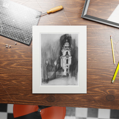 Church Tower Charcoal Drawing -  Framed Fine Art Print