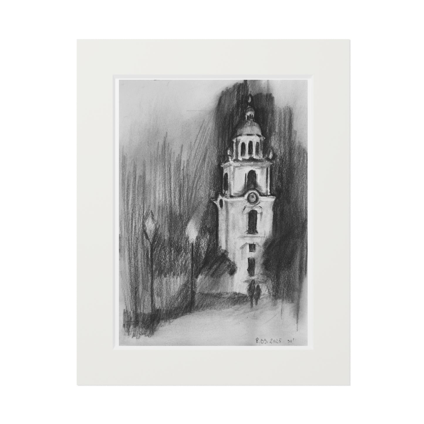 Church Tower Charcoal Drawing -  Framed Fine Art Print