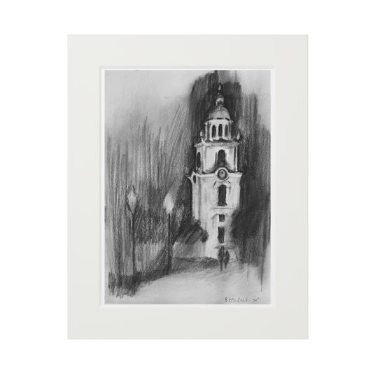 Church Tower Charcoal Drawing -  Framed Fine Art Print