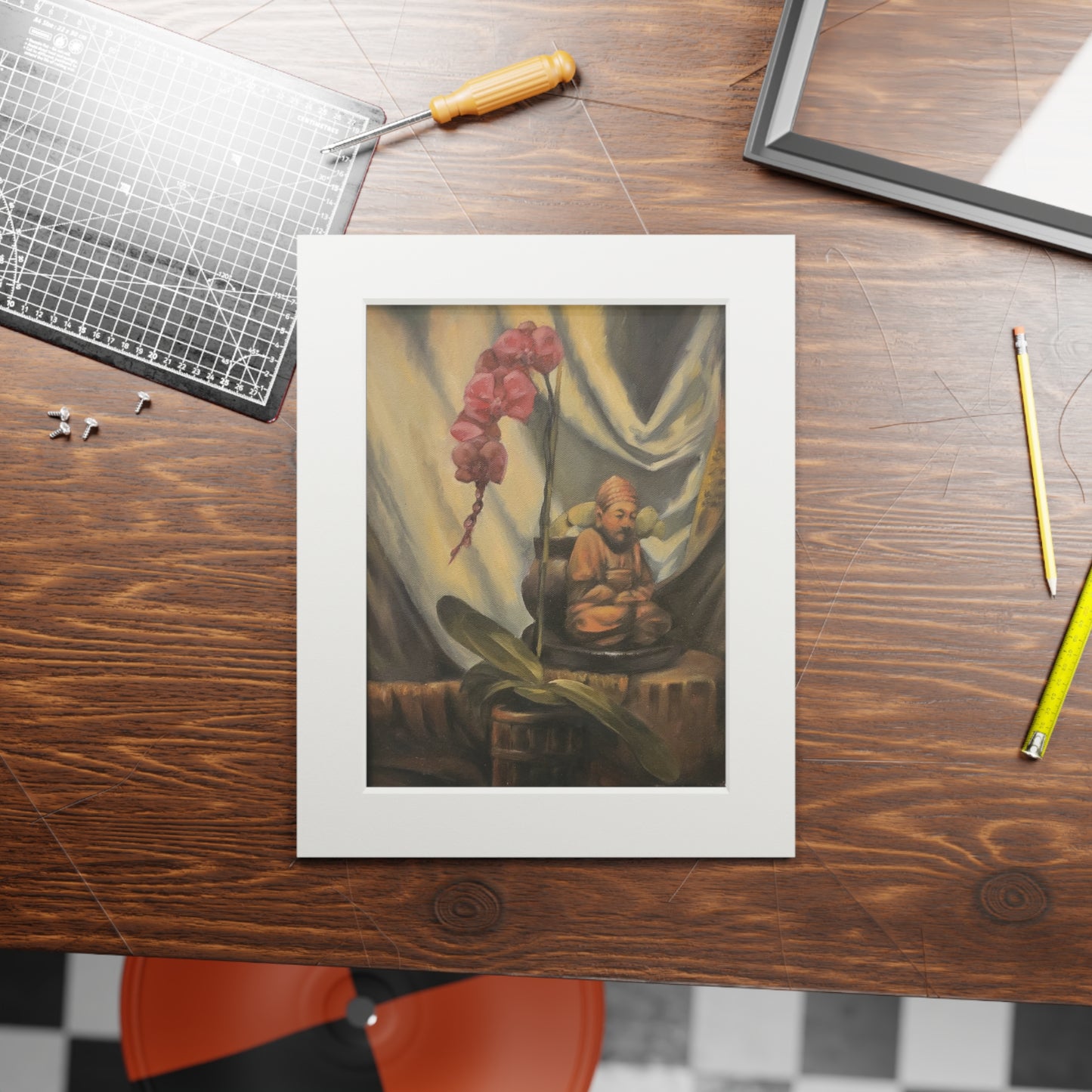 Orchid and little Buddha statue -  Framed Fine Art Print