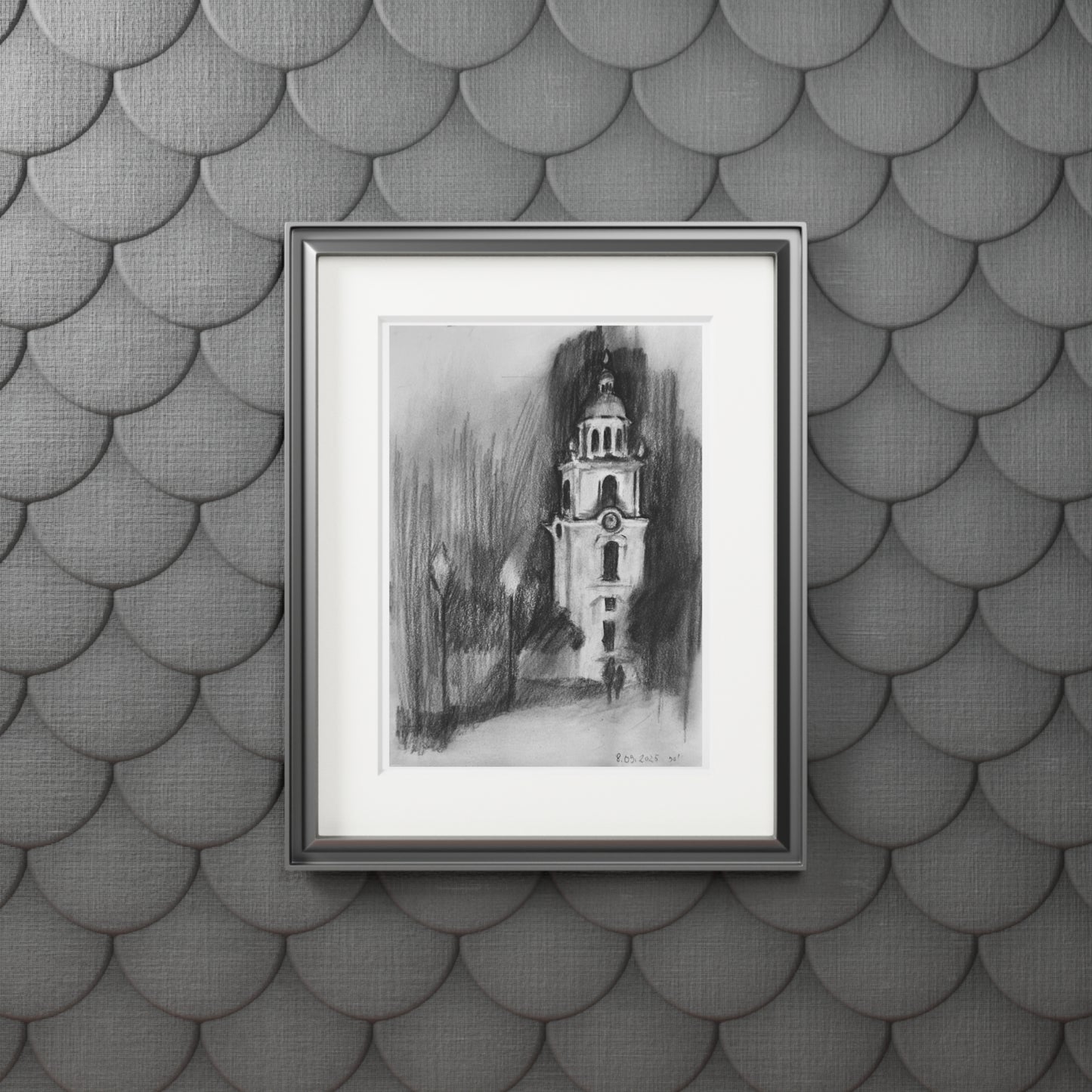 Church tower charcoal drawing - A4 (21x29.7cm)