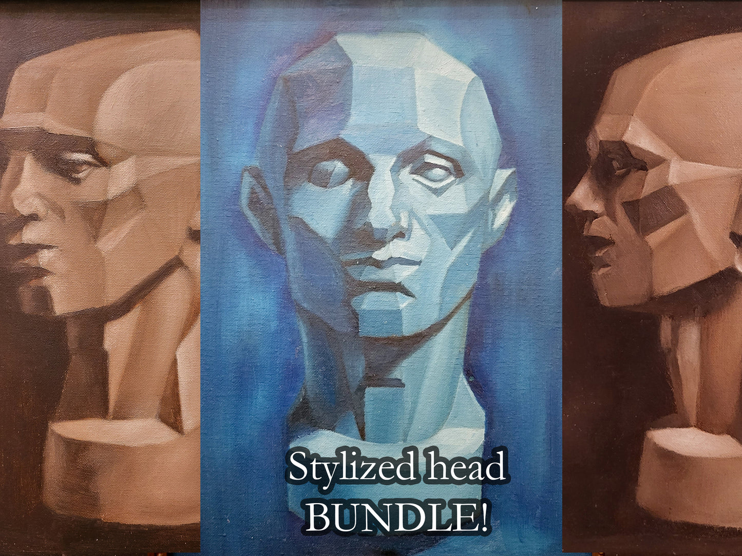 Tryptich - Asaro Stylized Head Studies, 3 PAINTING BUNDLE