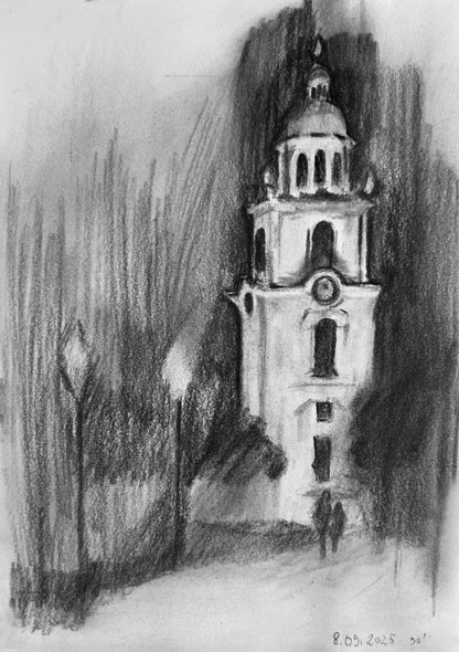 Church tower charcoal drawing - A4 (21x29.7cm)